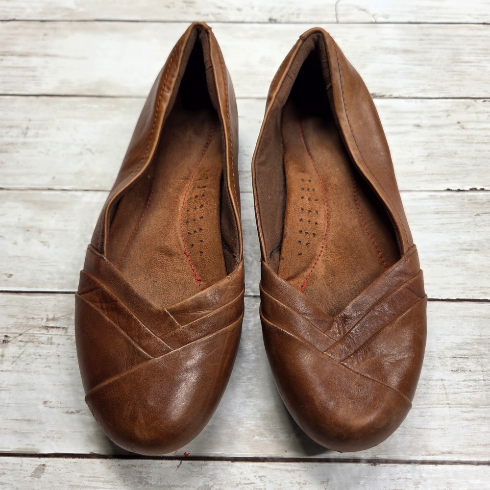 Rockport CDK04AL Leather Pleated Ballet Flats Women 6.5M Brown Comfort Slip-On
